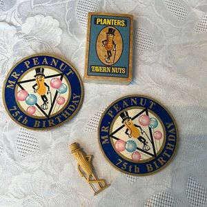 Vintage Mr. Peanut sealed playing cards, 2 coasters, and Mr. Peanut toy whistle